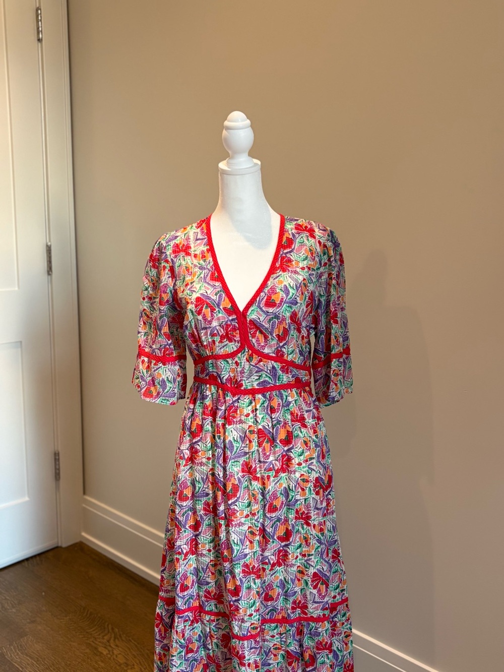 ba&sh Multicolor Floral Maxi Dress with Red Trim